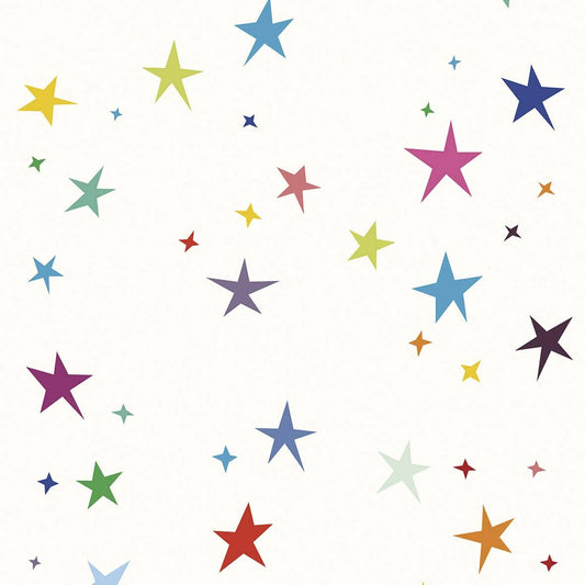 Colorful stars wallpaper for kids room featuring a variety of bright star designs on a white background