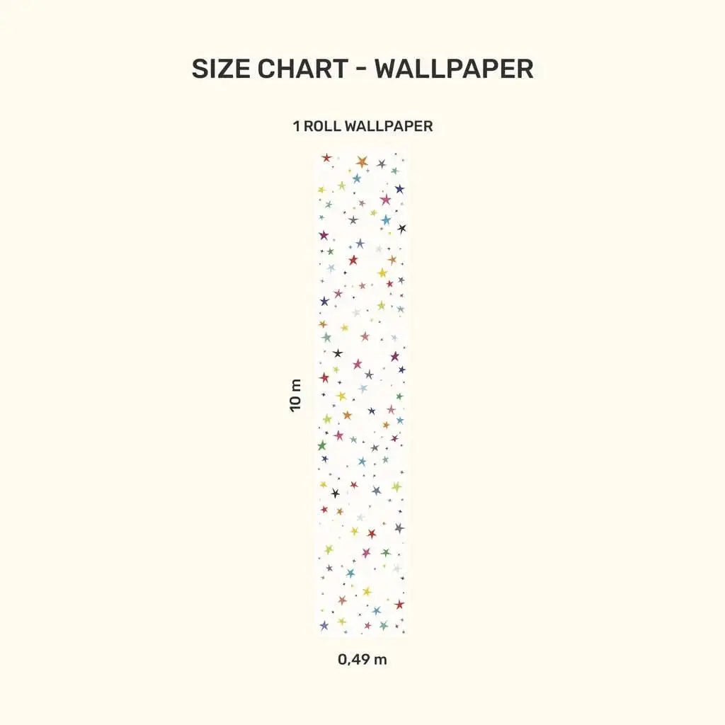 Size chart for MOOUI stars wallpaper for kids room showing dimensions and colorful star patterns
