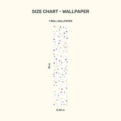 Size chart for MOOUI stars wallpaper for kids room showing dimensions and colorful star patterns