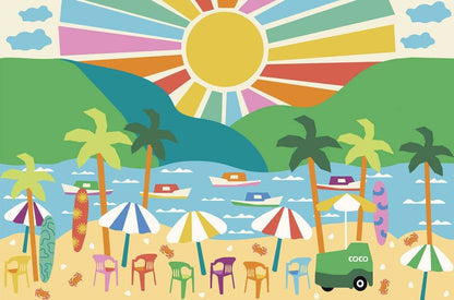 Colorful summer vacation wallpaper for playroom featuring a beach scene with umbrellas and palm trees