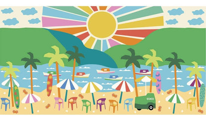 Colorful summer vacation wallpaper for playroom featuring vibrant beach scene with sun, palm trees, and umbrellas