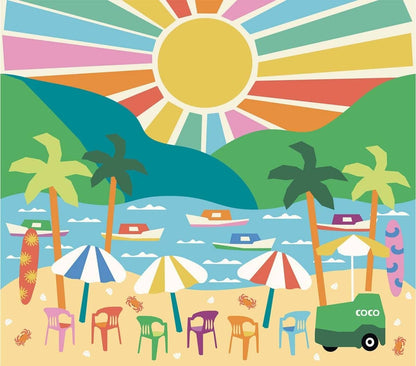 MOOUI summer vacation wallpaper for playroom featuring colorful beach scene with sun, palm trees, and boats