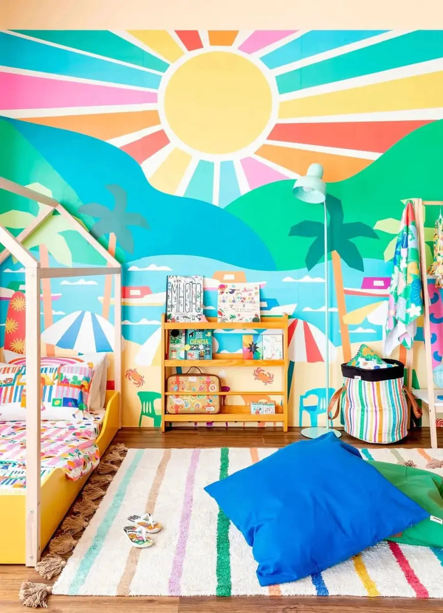 Bright summer vacation wallpaper for playroom featuring colorful beach and sun design