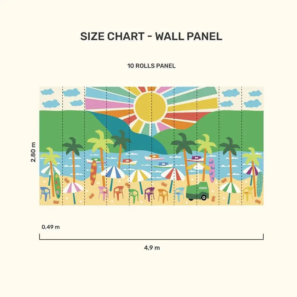 Colorful summer vacation wallpaper for playroom featuring beach scene, palm trees, and umbrellas