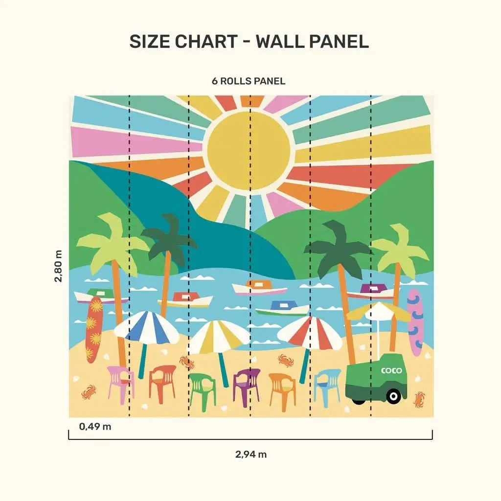 Colorful summer vacation wallpaper for playroom featuring beach scene with umbrellas and sun