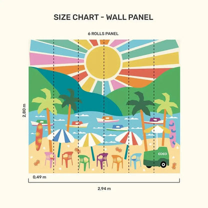 Colorful summer vacation wallpaper for playroom featuring beach scene with umbrellas and sun