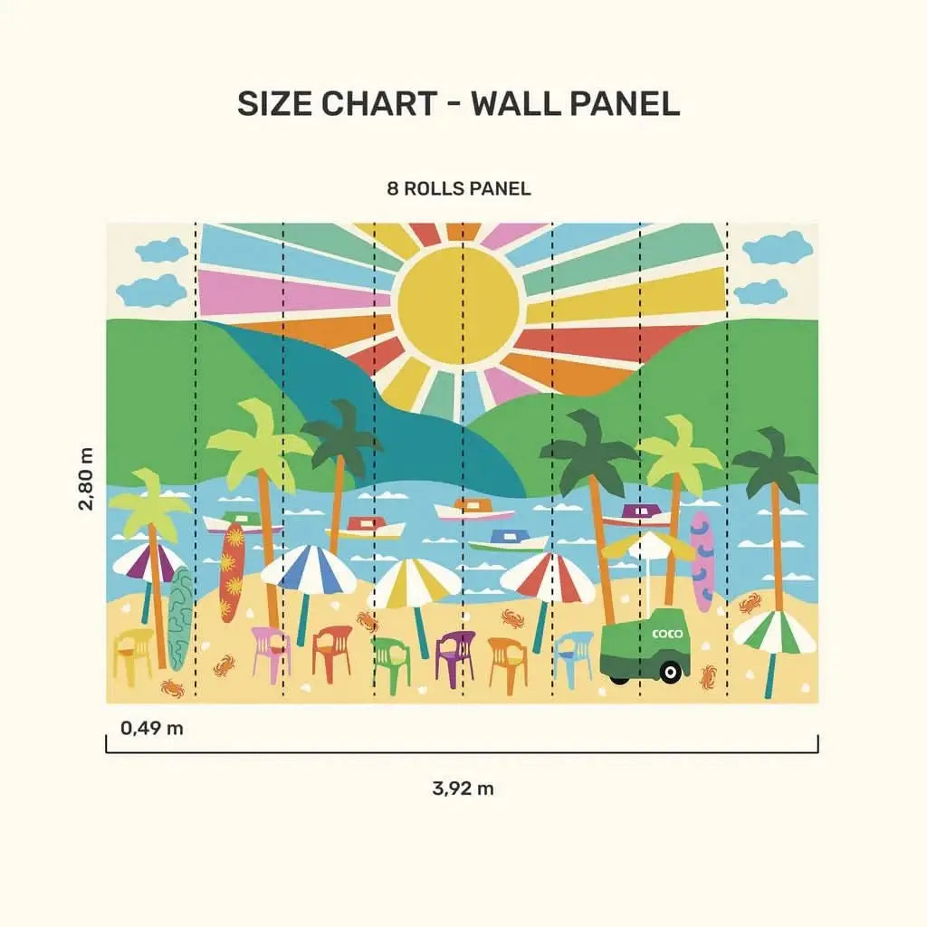 Summer vacation wallpaper for playroom featuring bright beach scene with umbrellas and surfboards