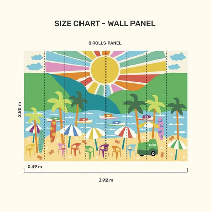 Summer vacation wallpaper for playroom featuring bright beach scene with umbrellas and surfboards