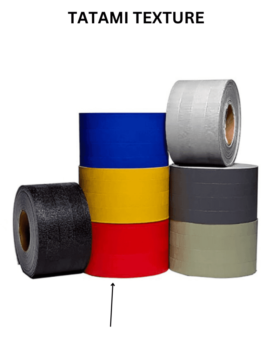 Tatami vinyl floor mat tape rolls in various colors stacked for easy access and organization