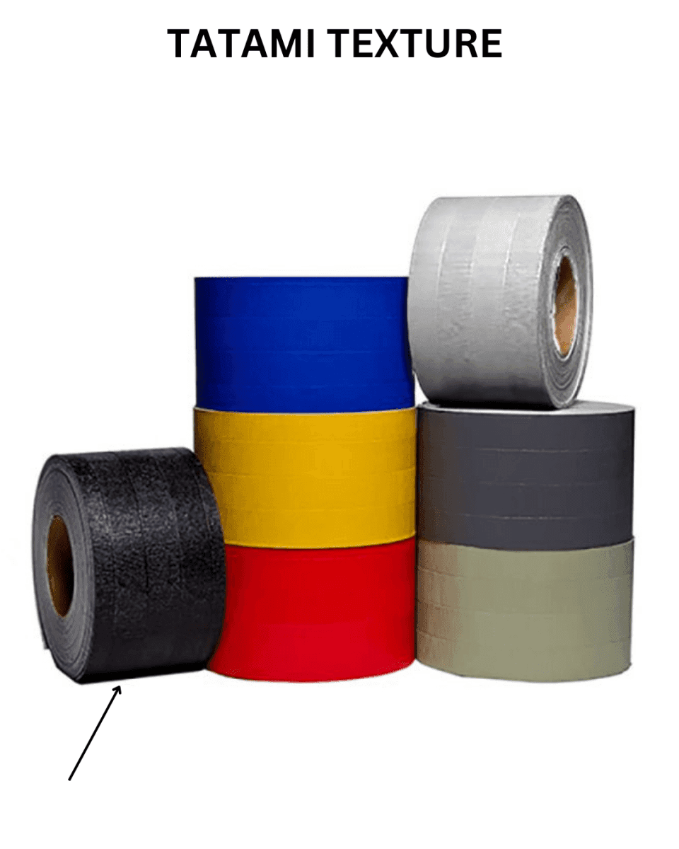 Colorful rolls of tatami vinyl floor mat tape stacked for easy access and various flooring needs