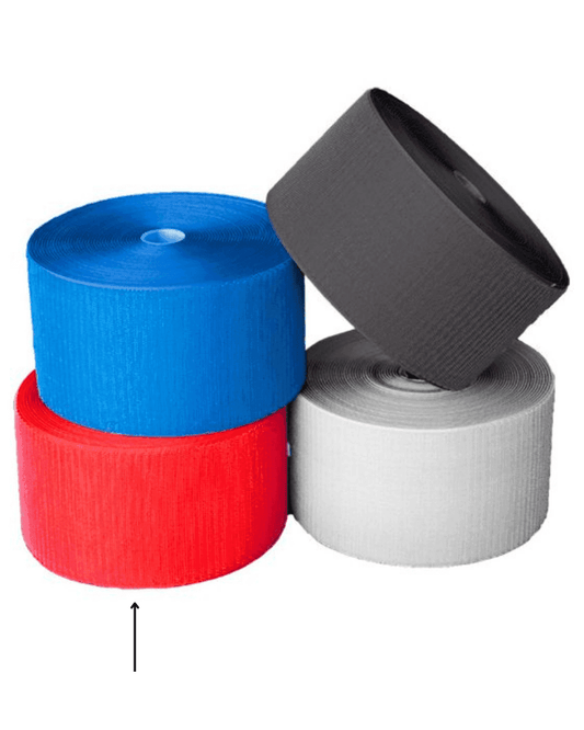 Dollamur Velcro tape for carpet mats in four colors: blue, red, black, and white.