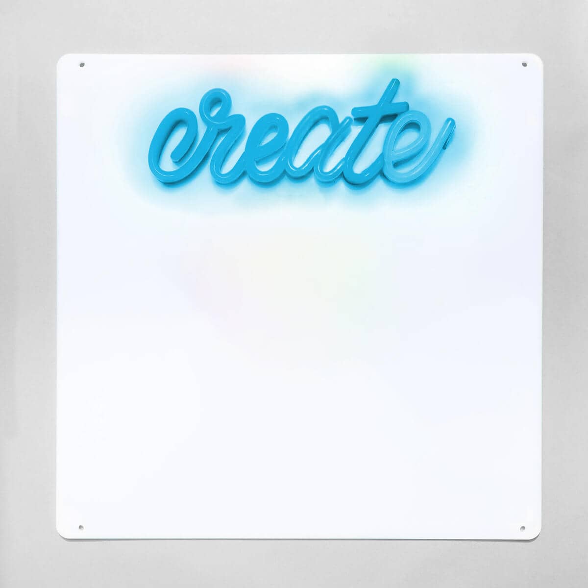 Brite Lite Tribe Neon Sign with blue 'create' text above a blank dry erase board set for kids
