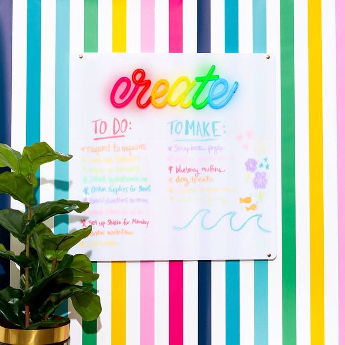Brite Lite Tribe Neon Create Sign with Colorful Stripes and Plants, perfect for a dry erase board set for kids