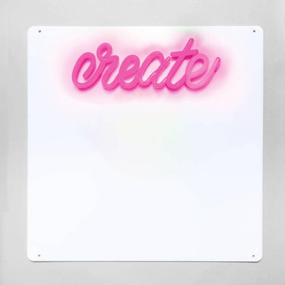 Brite Lite Tribe pink neon sign saying create above a blank dry erase board set for kids