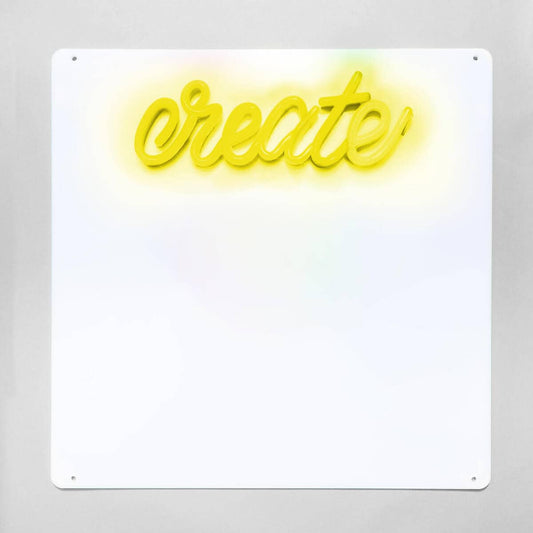 Brite Lite Tribe Neon 'Create' Sign above a white dry erase board set for kids for fun learning activities