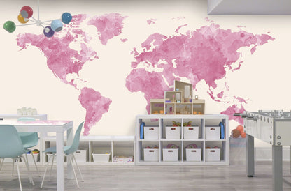 Cara Saven world map mural for playroom in soft pink tones, perfect for inspiring creativity