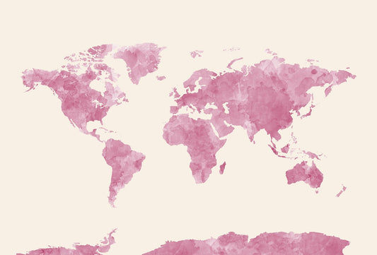 Pink watercolor world map mural for playroom, perfect for creating a fun educational space