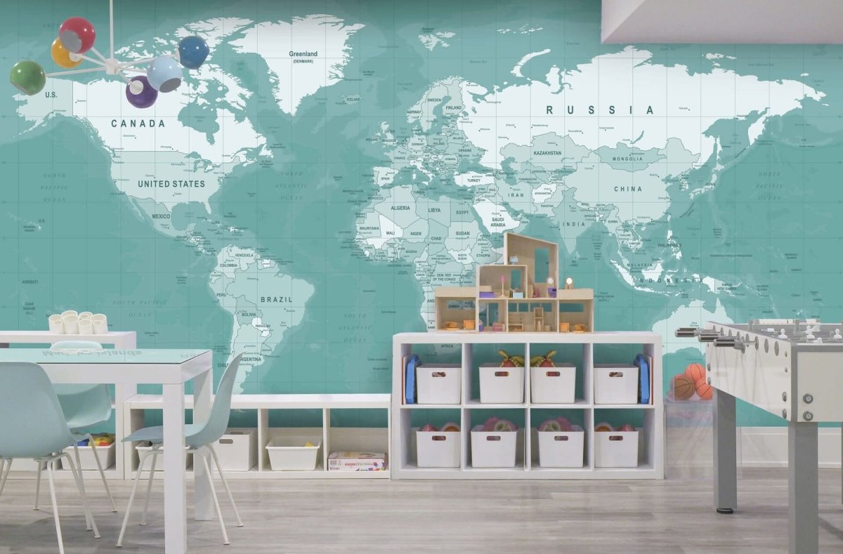 Cara Saven world map wallpaper for playroom featuring a colorful, educational design for children