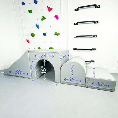 AK Athletics large soft play shapes for kids featuring a tunnel, ramp, and obstacle for safe play